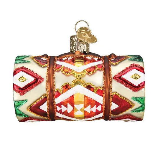 Old World Christmas Wool Blanket Ornament painted glass with red, green, white and gold pattern on Tampa Home & Garden Store