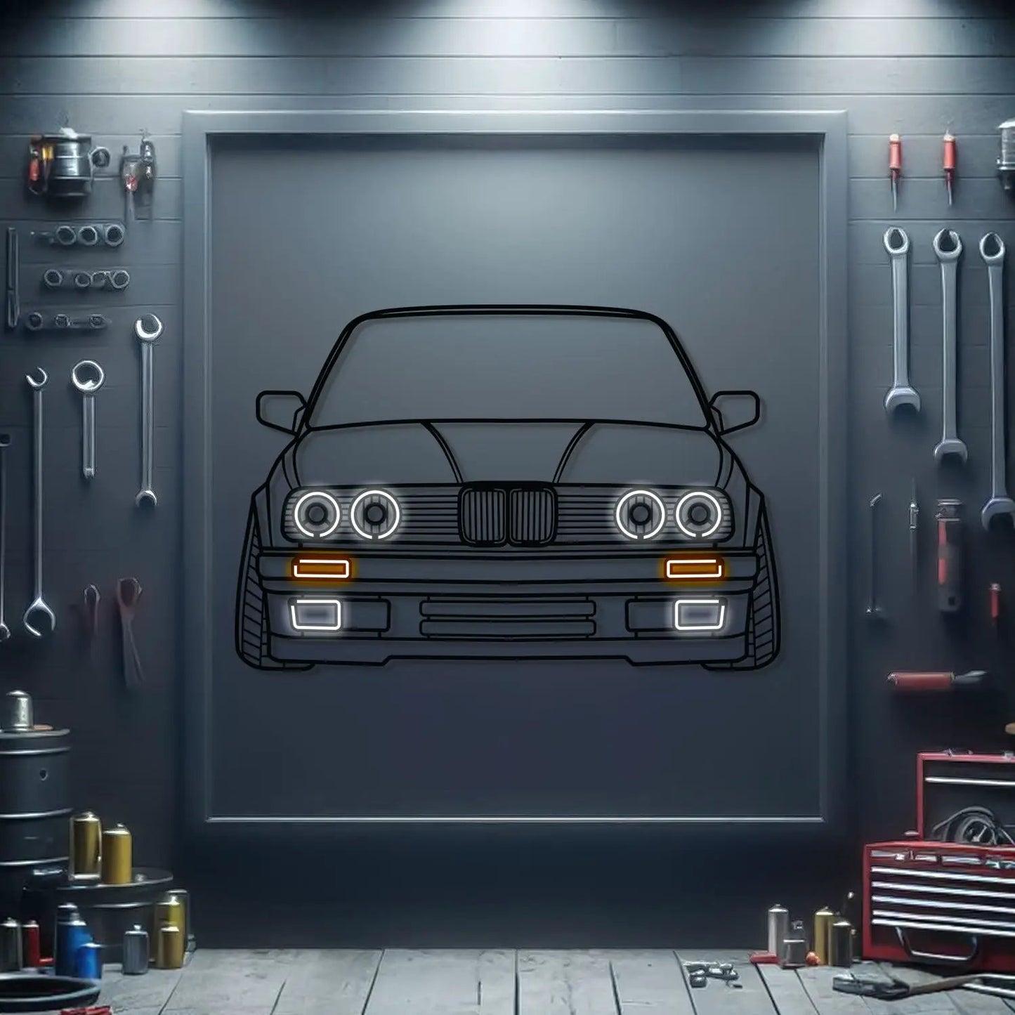 E30 Front View Metal Neon Car Wall Art by Modello Turbo neon white headlights with orange accents on Tampa Home & Garden Store