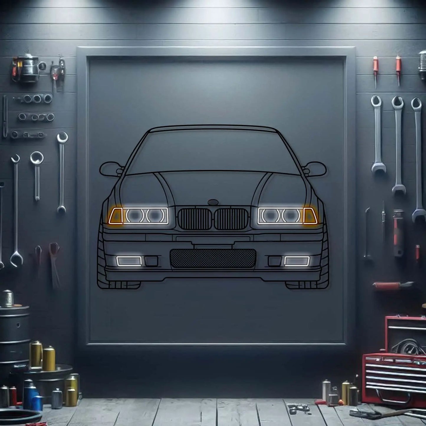 E36 M3 Front View Metal Neon Car Wall Art with orange headlight accents on Tampa Home & Garden Store