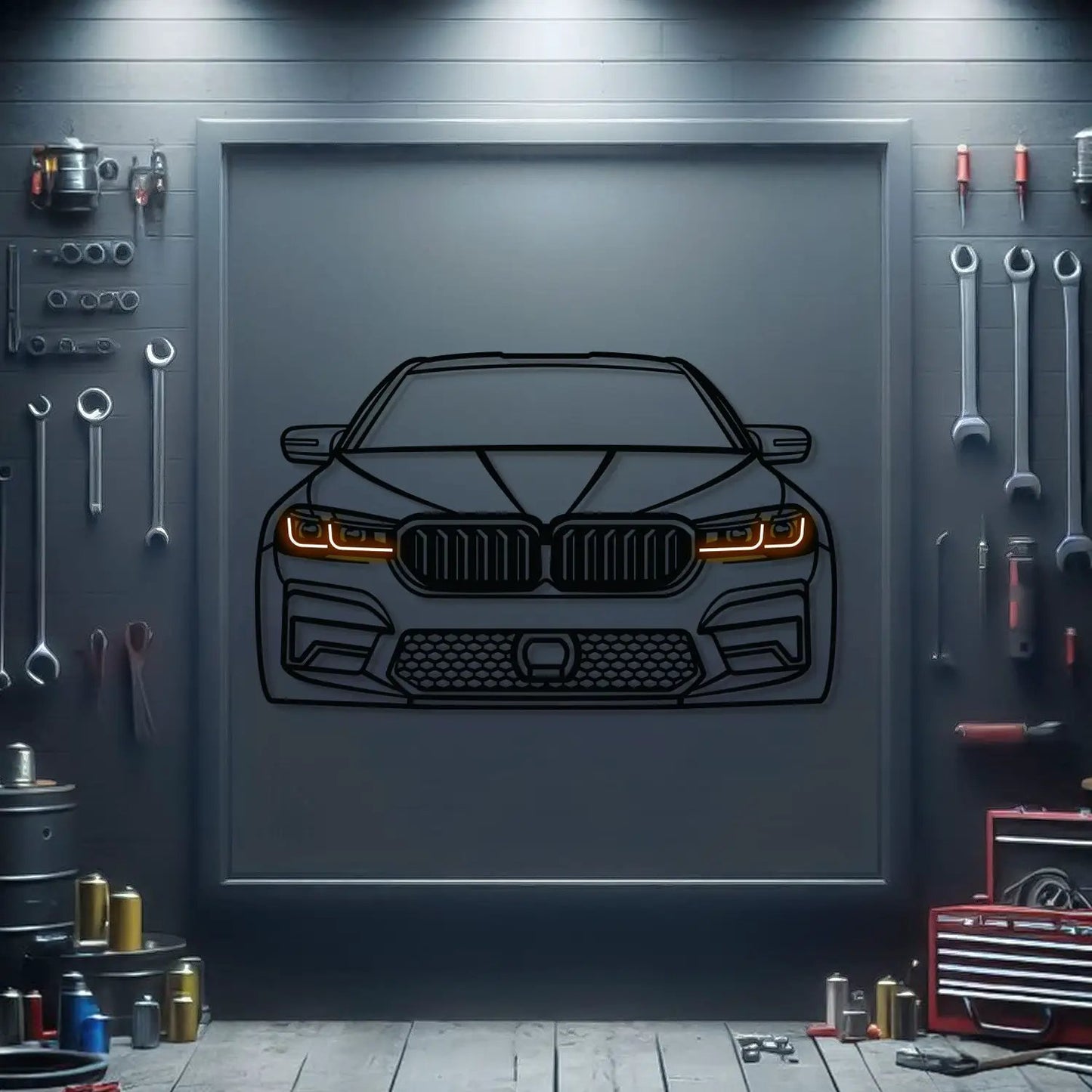 M5 CS Front View Metal Neon Car Wall Art Modello Turbo orange headlights on Tampa Home & Garden Store