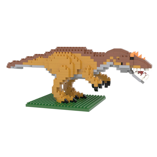 Mini Building Blocks Allosaurus Kit dinosaur built from tan and brown bricks on green base on Tampa Home & Garden Store
