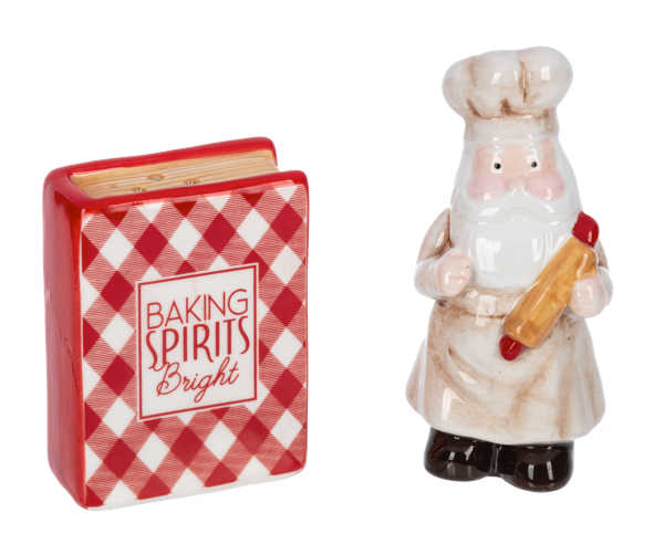 Baking Santa Salt & Pepper Shaker Set: 2-piece checkered shaker and ceramic Santa chef on Tampa Home & Garden Store