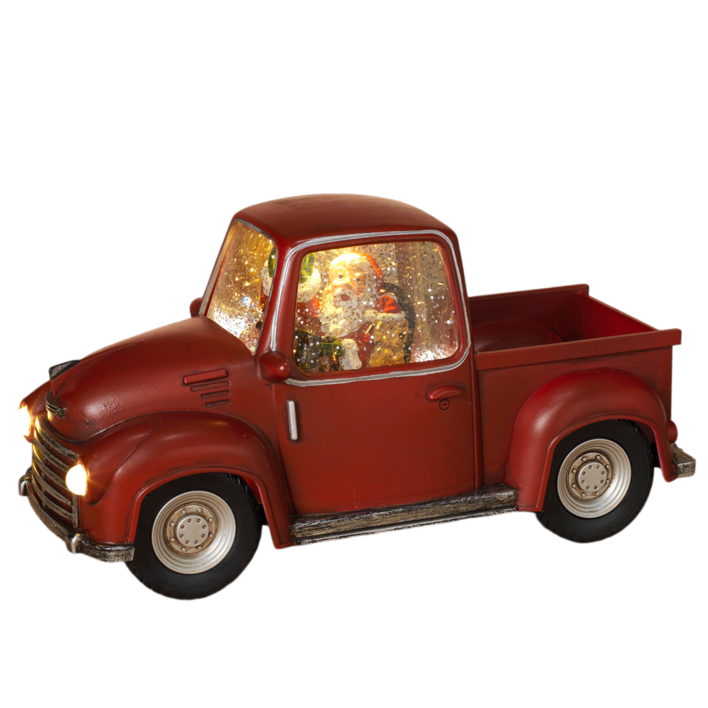 Lighted Spinning Water Globe Truck Santa Driving red vintage pickup with Santa in cab on Tampa Home & Garden Store
