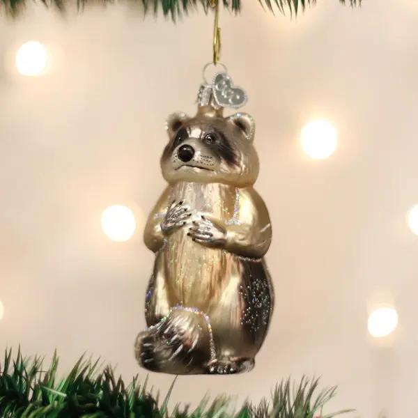 Charming raccoon glass ornament for Christmas tree, metallic silver-brown finish on Tampa Home & Garden Store