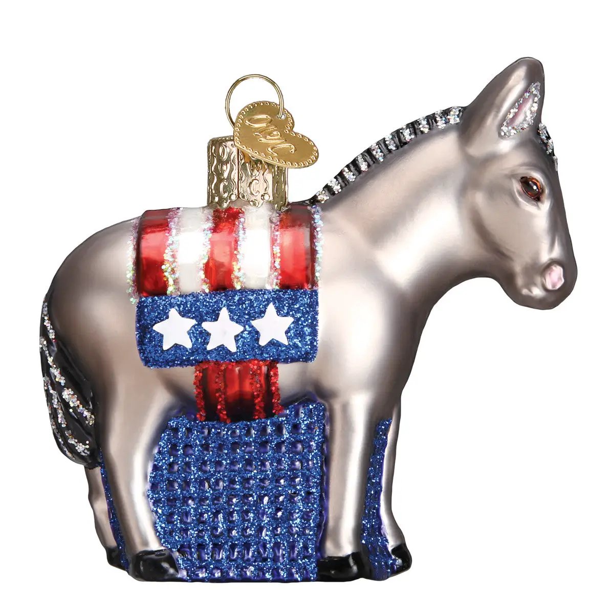 Democratic Donkey Ornament metallic silver with red-white-blue saddle and blue glitter stars on Tampa Home & Garden Store