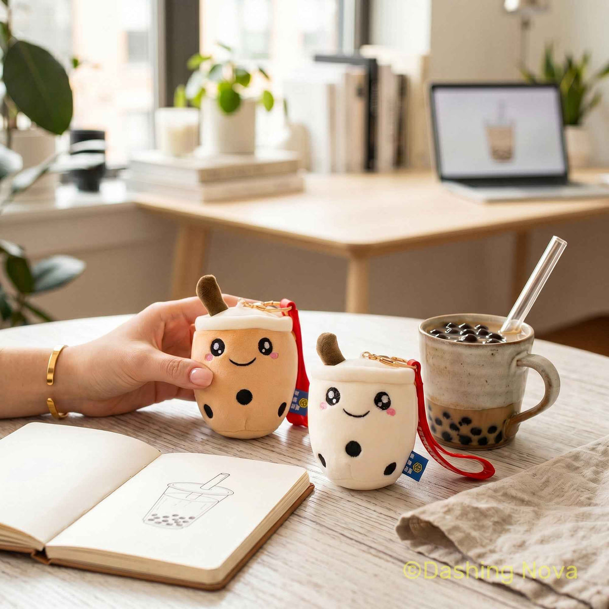 Boba Keychains 3 Pack cute fabric bag charms by Shaketea with cream and white smiling cup faces on Tampa Home & Garden Store