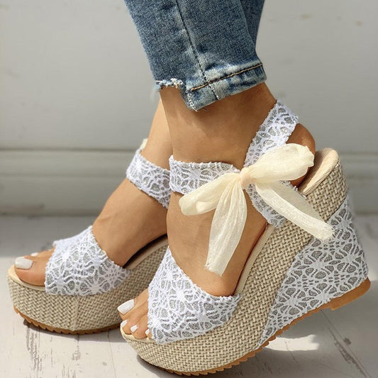 Stevvex white lace wedge sandals with ankle strap bow platform espadrille heel on Tampa Home & Garden Store