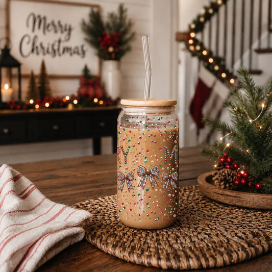 Merry Sequin Bow Glass Tumbler 17oz by Gia Roma with wood lid and clear straw on Tampa Home & Garden Store