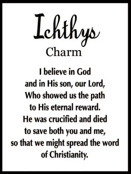 Ichthys Cross of Faith pocket charm on white card with black scripture text on Tampa Home & Garden Store