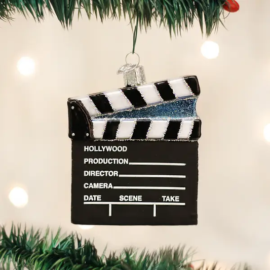 Director's Board Glass Ornament black clapperboard with white stripes on Tampa Home & Garden Store