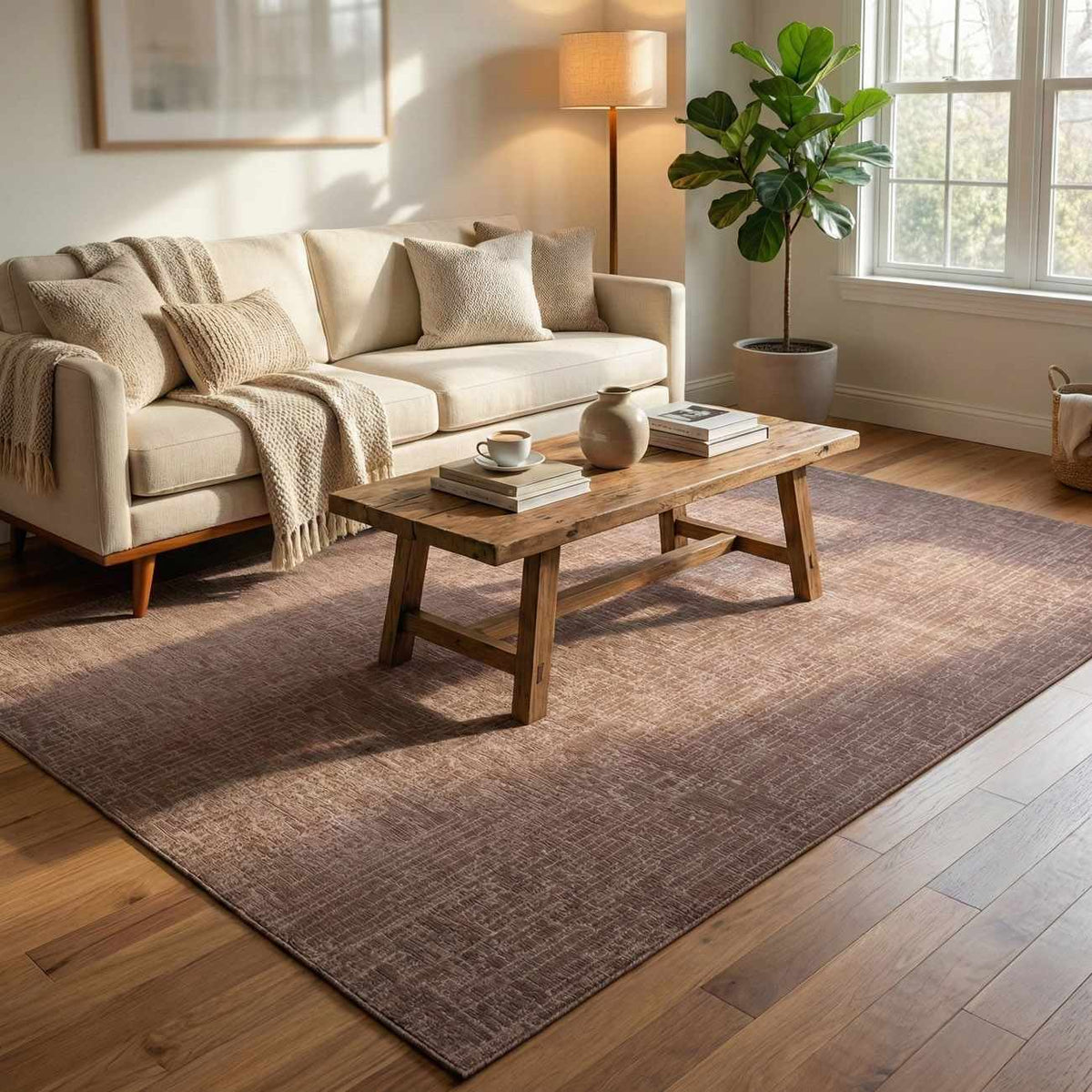 Leanna Light Brown Washable Area Rug, Boutique Rugs, textured neutral rug in a living room on Tampa Home & Garden Store