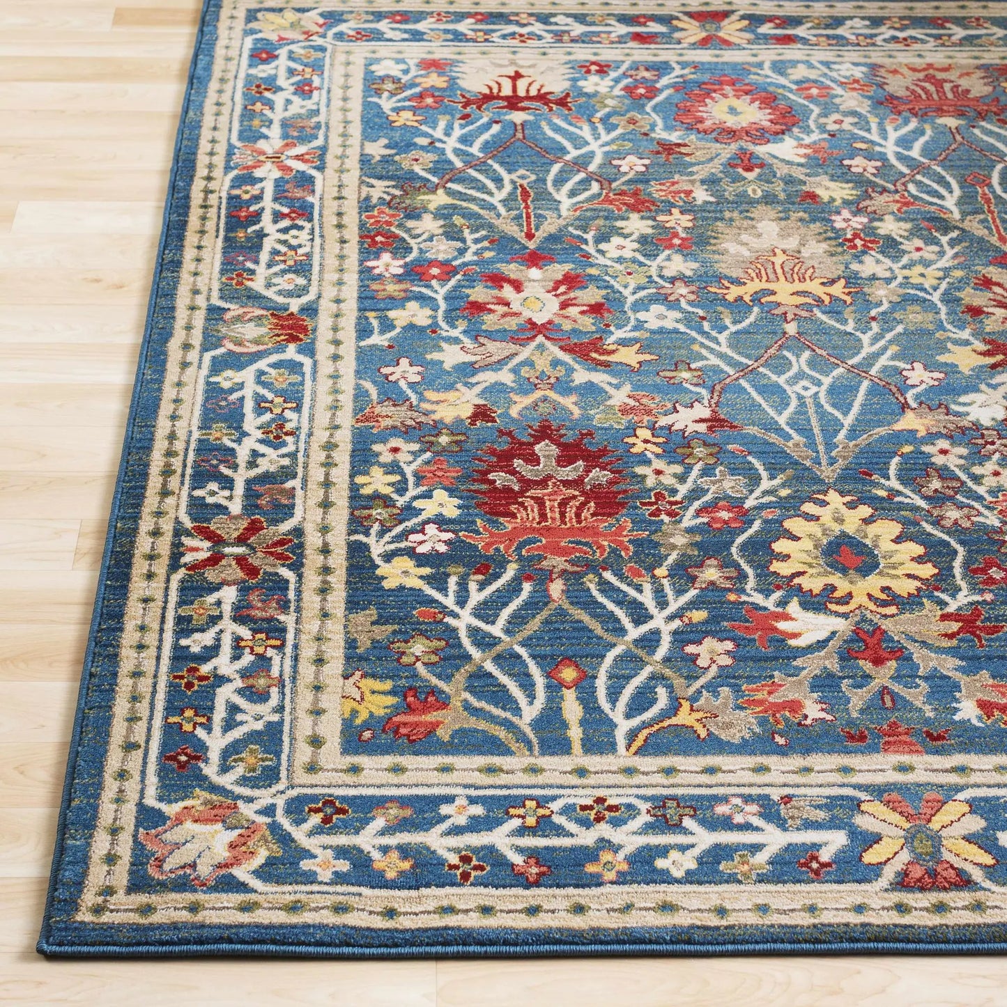 Rug Neola Navy Damask area rug by Boutique Rugs with blue field and ivory border on Tampa Home & Garden Store