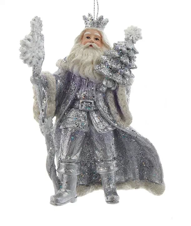 Santa Claus ornament lavender blue and silver carrying a tree, glittery finish on Tampa Home & Garden Store