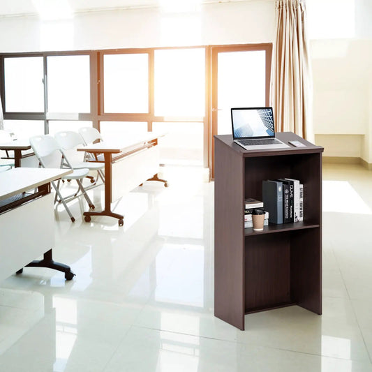 Wooden floor-standing lectern with dark brown finish and laptop on top in a classroom setup on Tampa Home & Garden Store