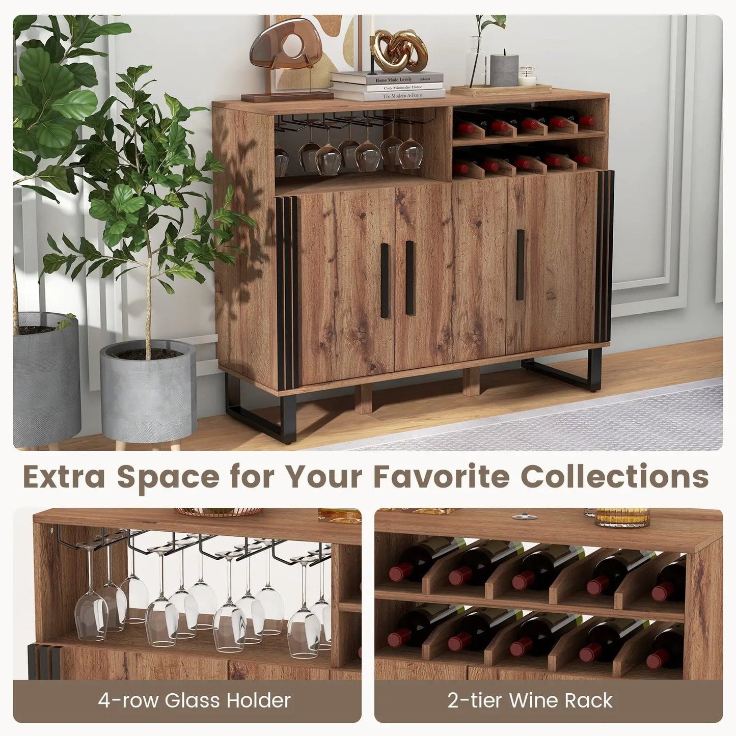 Home Wine Bar Cabinet brown wood finish with adjustable shelves and wine rack on Tampa Home & Garden Store