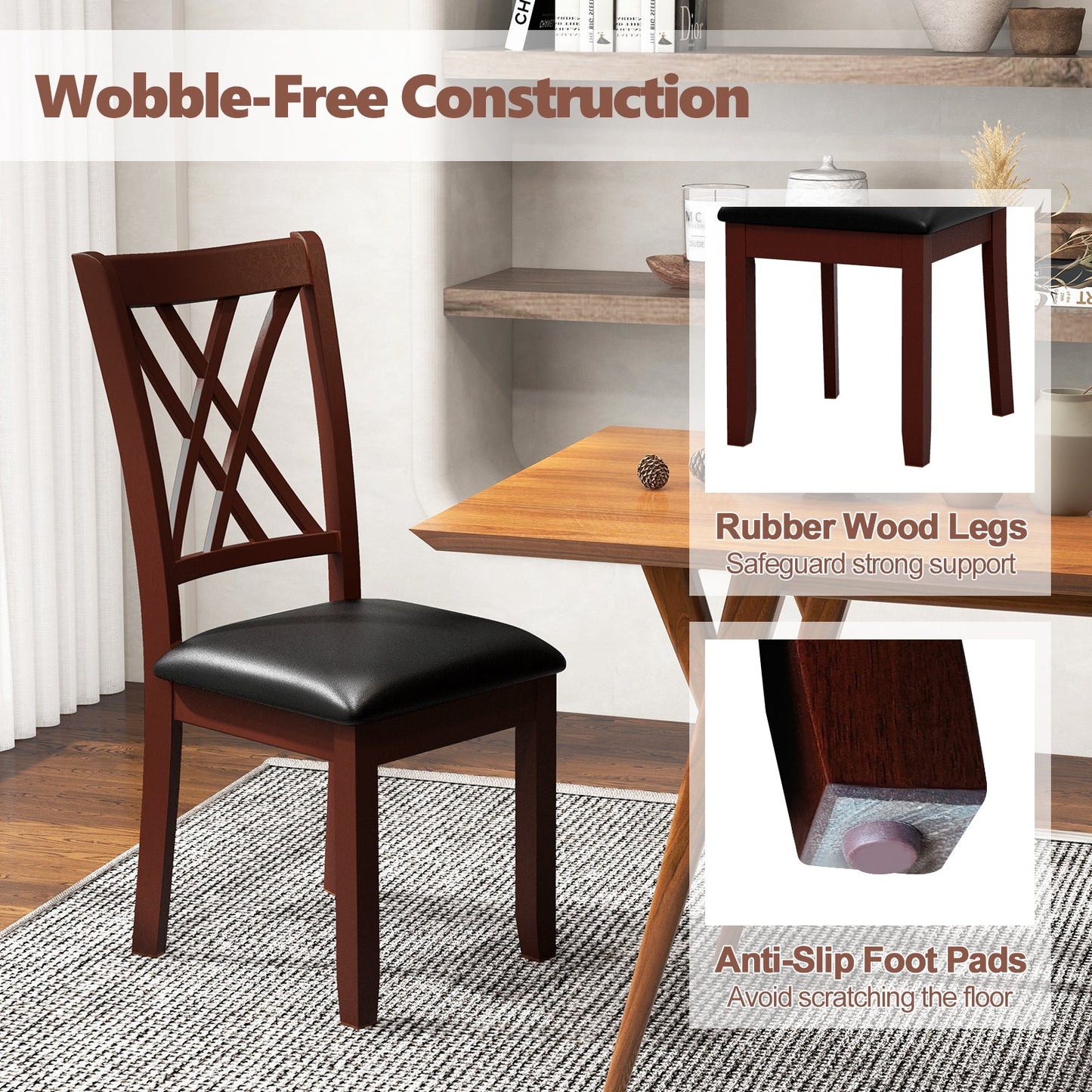 Set of 2 dining chairs with black padded seats, dark brown rubber wood legs, lattice backrests on Tampa Home & Garden Store