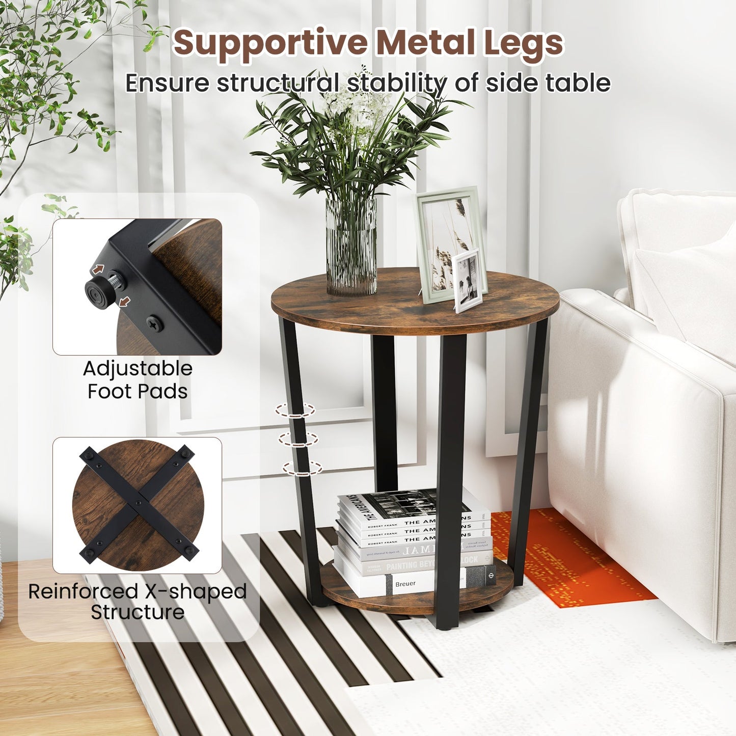 2 Tier Round End Table with Storage Shelf wood top, black metal legs DirectDeals on Tampa Home & Garden Store