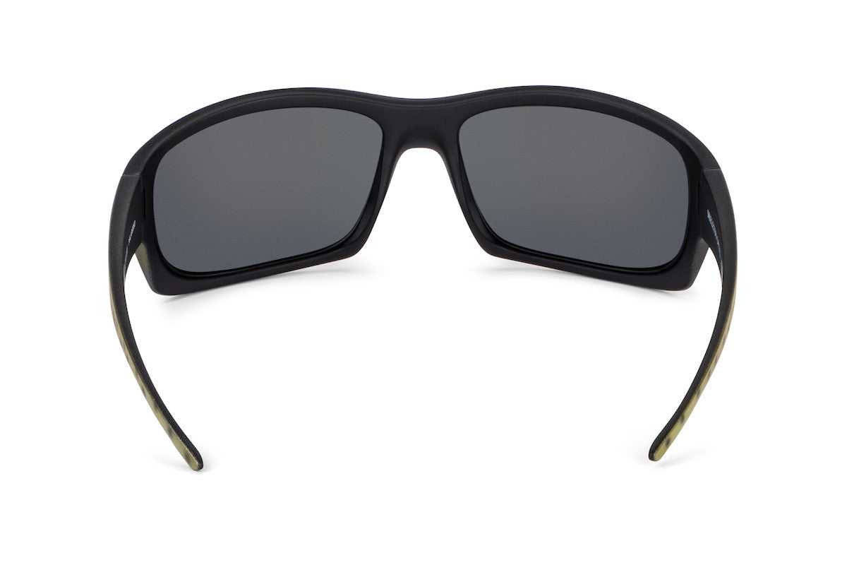 Outlaw Brown Trout sunglasses by Skeleton Optics, black wraparound frame with gray lenses on Tampa Home & Garden Store