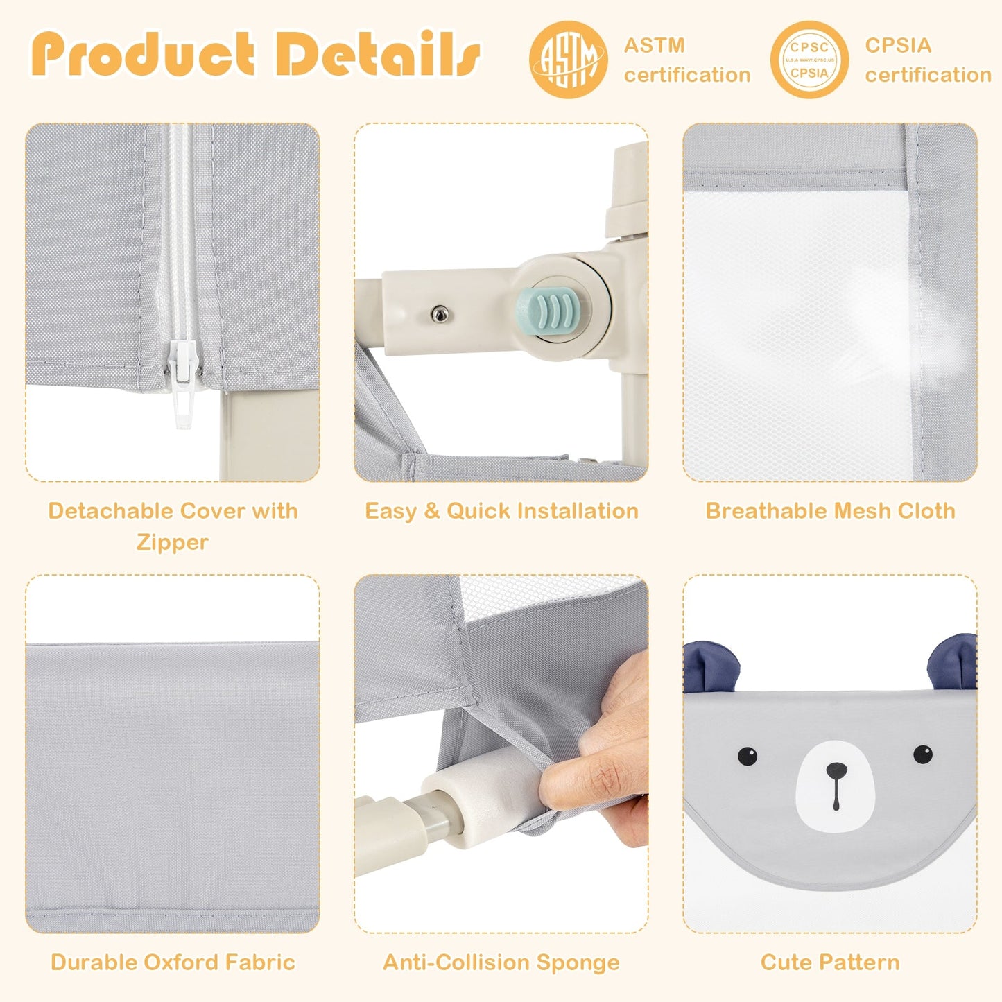 Vertical lifting baby bed rail guard with lock, gray detachable zipper cover DirectDeals on Tampa Home & Garden Store