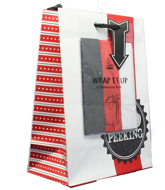 Contemporary Gift Bag with tissue, red stripe side, No Peeking, The Country Christmas Loft on Tampa Home & Garden Store