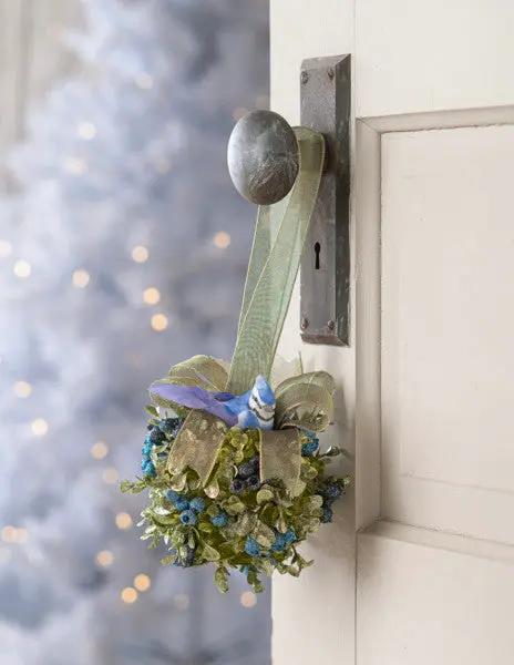 Blue Jay mistletoe kissing ball ornament, 5 inch with greenery and ribbon on door handle on Tampa Home & Garden Store