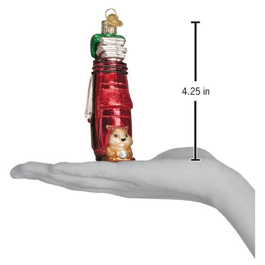 Red golf bag glass ornament with a tiny squirrel, 4.25 in tall on Tampa Home & Garden Store