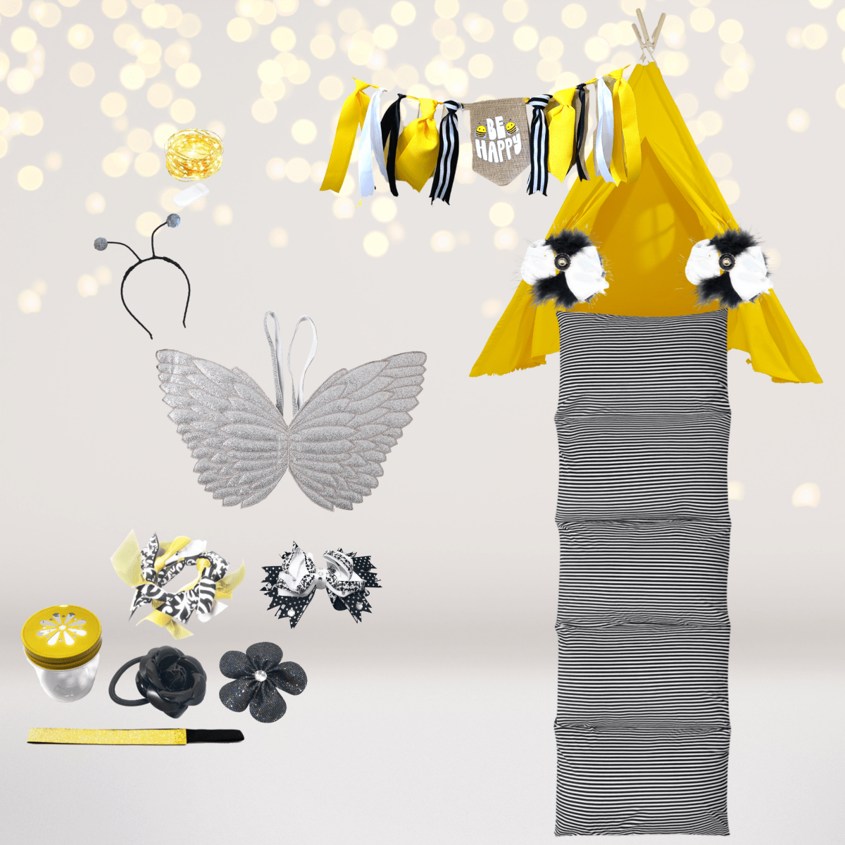 Play set Bumble Bee Tent Gift Set with yellow teepee, striped mattress, bee eyes and banners on Tampa Home & Garden Store