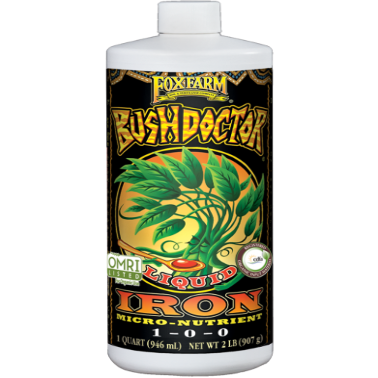 FoxFarm Bush Doctor Liquid Iron micro-nutrient for healthy plants, white bottle with Omri label on Tampa Home & Garden Store