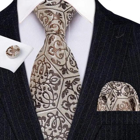 Stevvex silk necktie set beige patterned tie with matching pocket square 2-piece on Tampa Home & Garden Store