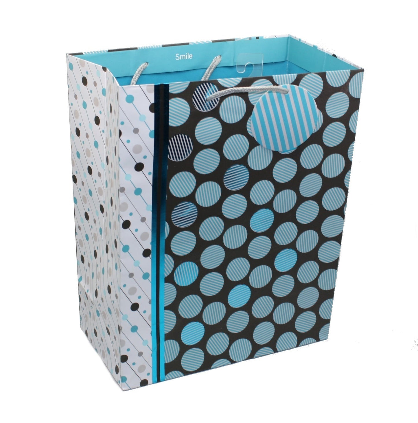Modern Dots Gift Bag with teal blue dot pattern on black and foil accents on Tampa Home & Garden Store