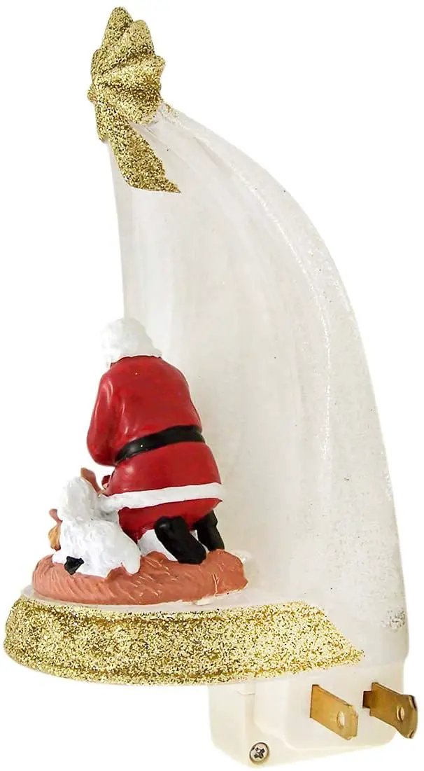 Santa Kneeling Before Baby Jesus Nightlight red suit with white trim on glittery gold base on Tampa Home & Garden Store