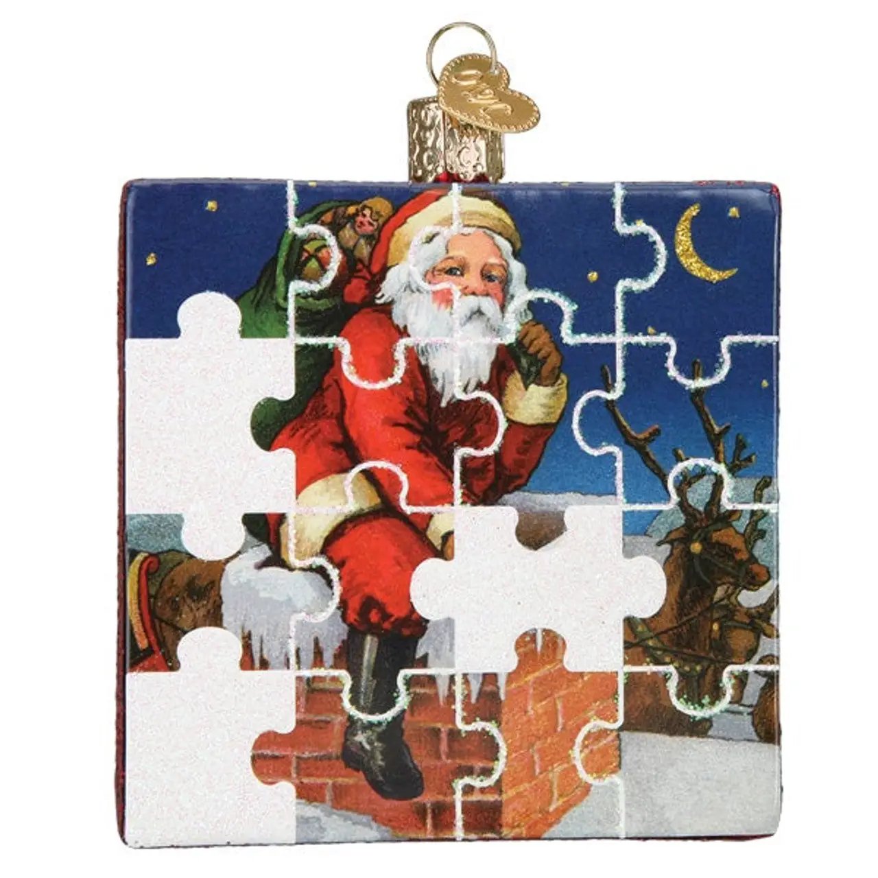 Santa Jigsaw Puzzle Glass Ornament Hand Painted with puzzle-piece design and blue night sky on Tampa Home & Garden Store