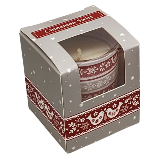 Glass votive candle Cinnamon Swirl in red decorative wrap inside snowflake gift box on Tampa Home & Garden Store