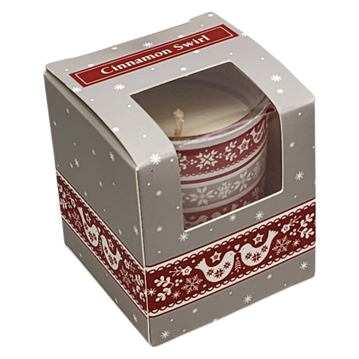 Glass votive candle Cinnamon Swirl in red decorative wrap inside snowflake gift box on Tampa Home & Garden Store