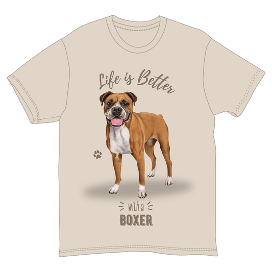 Beige Life Is Better With a Boxer graphic T-shirt featuring a smiling Boxer dog on Tampa Home & Garden Store