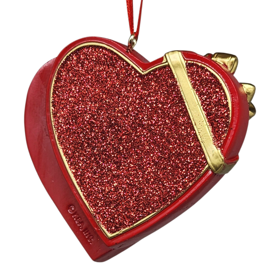 Red glitter heart ornament with gold trim and red hanging cord on Tampa Home & Garden Store