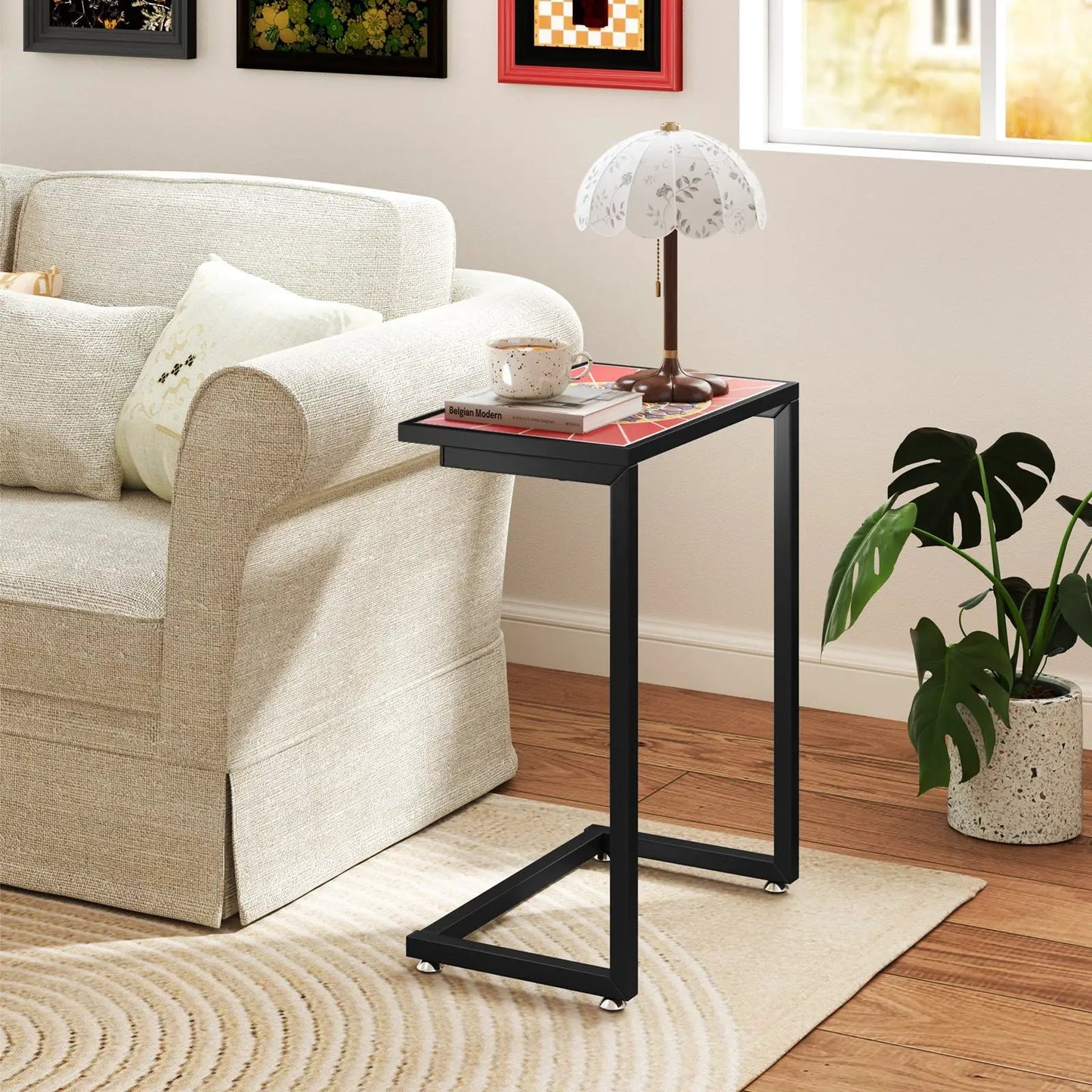 C Shaped Outdoor Side Table with Ceramic Top black metal frame and red ceramic top DirectDeals on Tampa Home & Garden Store