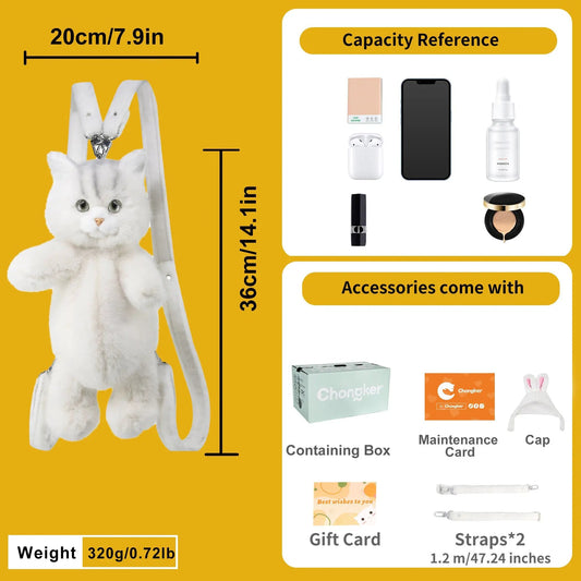 White Short Hair Cat Backpack Plush 2 in 1 Chongker Creative on Tampa Home & Garden Store