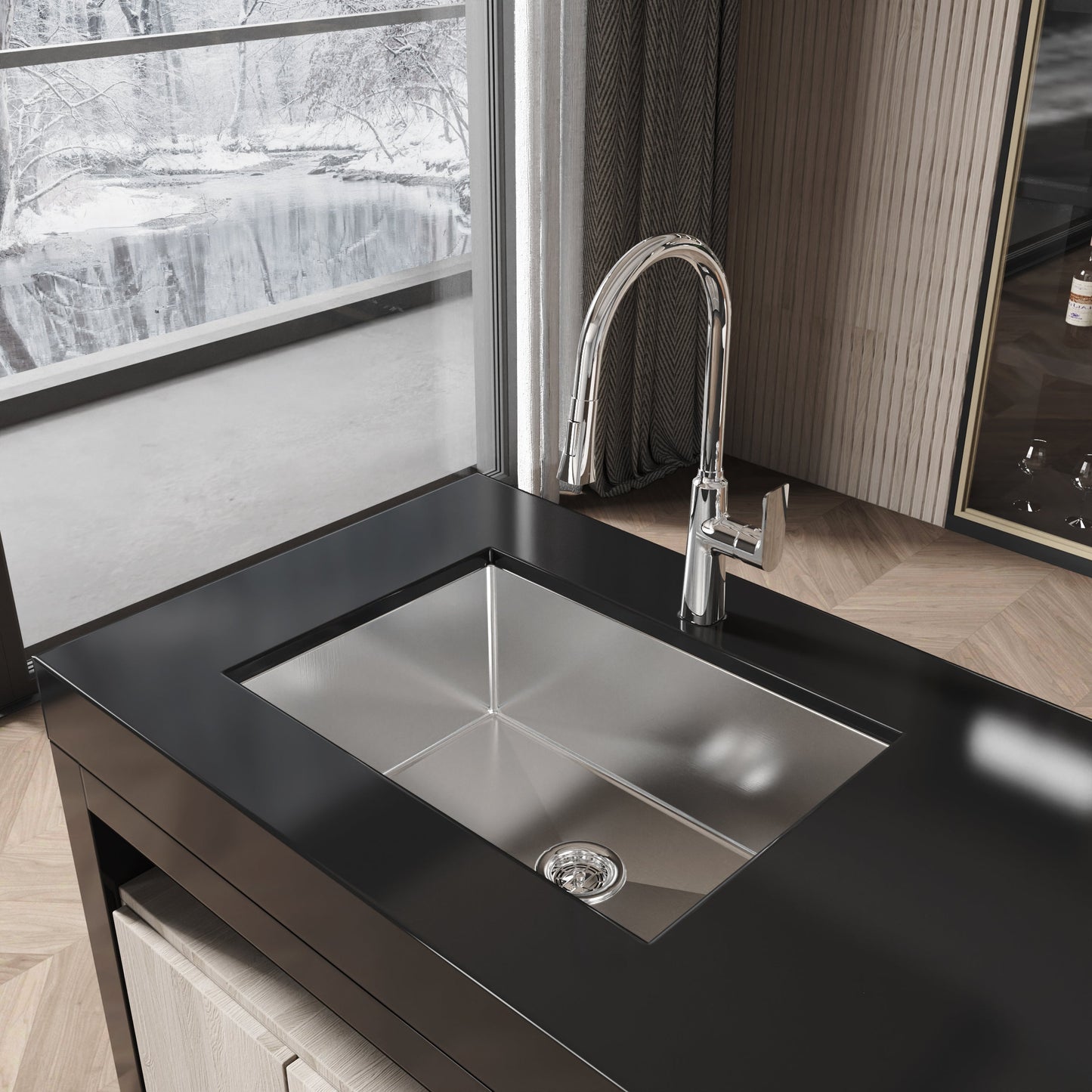 Stainless steel 27x19 undermount single-bowl kitchen sink in brushed nickel with high-arc faucet on Tampa Home & Garden Store