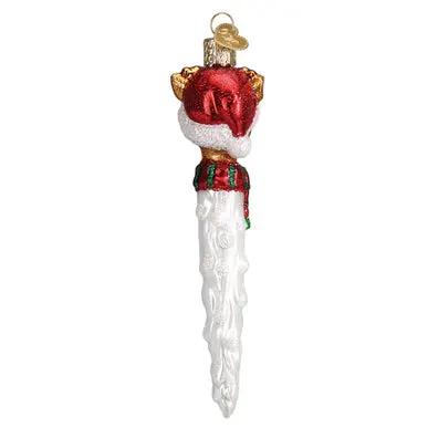 Reindeer icicle ornament with red hat and green scarf, hanging loop on Tampa Home & Garden Store