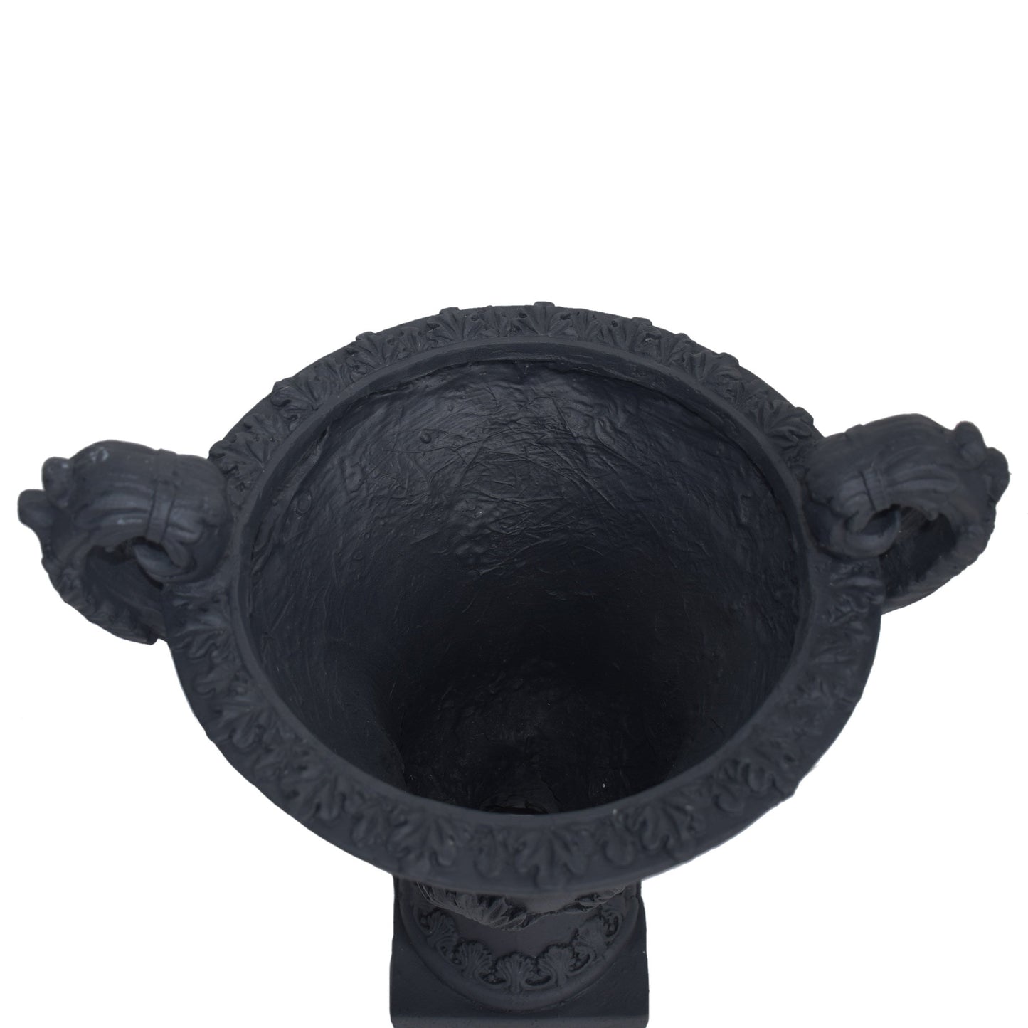 Delphine Urn Planter black with intricate leaf motif rim decorative garden planter on Tampa Home & Garden Store