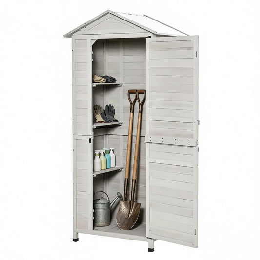 Outdoor storage shed by HouseOfZazla with tilted tin roof in light gray on Tampa Home & Garden Store