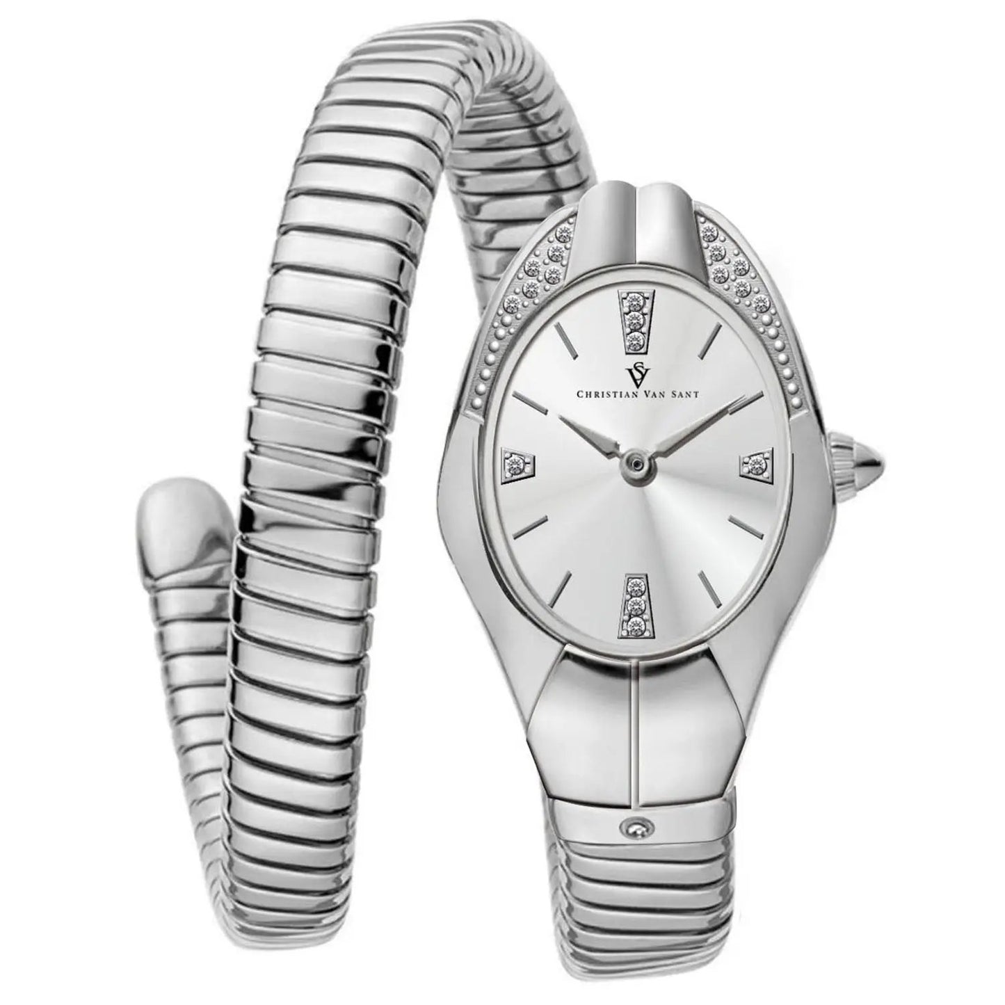 Christian Van Sant women's Naga quartz watch with silver bracelet and crystal-studded bezel on Tampa Home & Garden Store