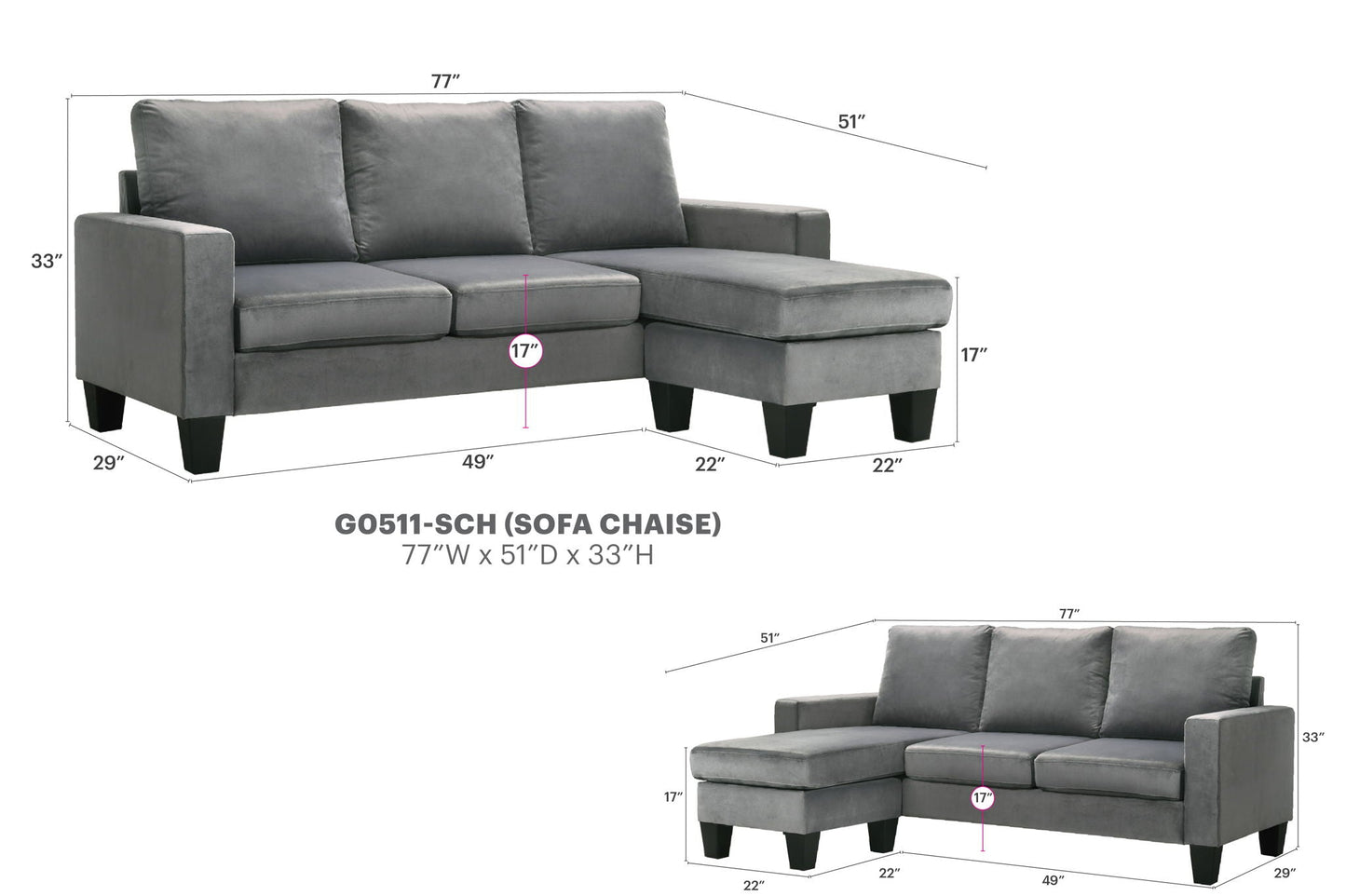 Jessica Reversible Sofa Chaise for Small Homes
