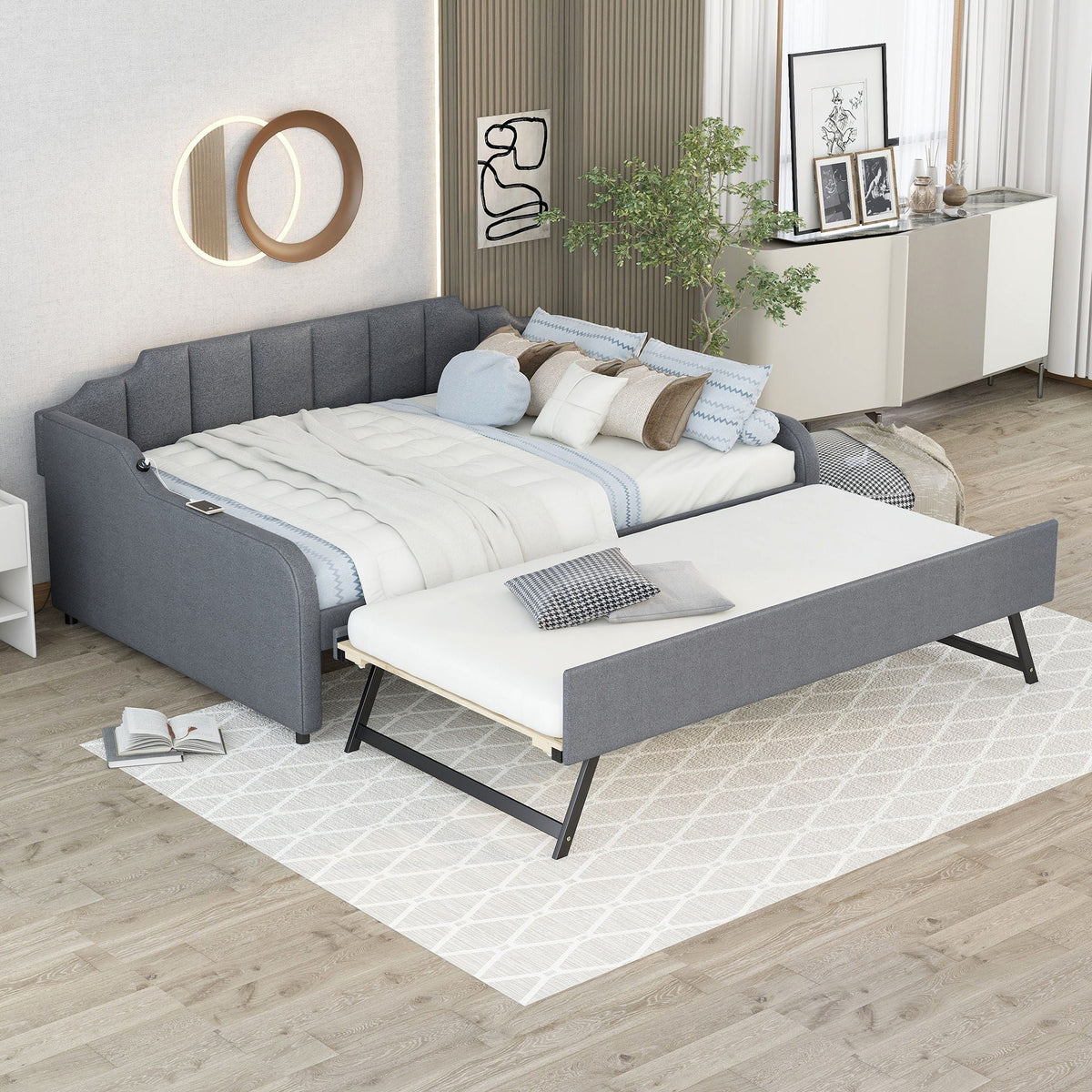Full size gray upholstered daybed with pull-out trundle and USB charging on Tampa Home & Garden Store