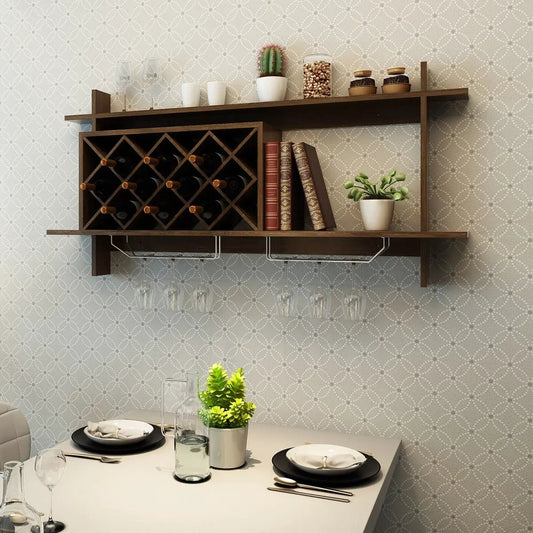 Wall Mount Wine Rack with Glass Holder & Storage Shelf-Walnut - Tampa Home & Garden Store