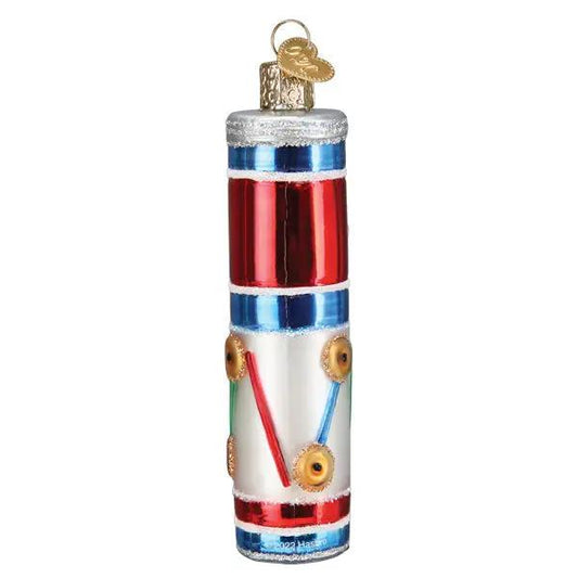 Tinkertoy glass ornament for Christmas red white blue cylindrical with gold cap on Tampa Home & Garden Store