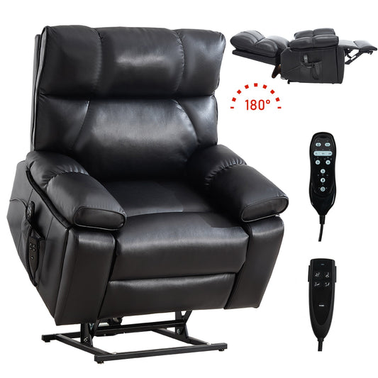 Black Leatheraire Heat Massage Recliner, black leather recliner with 180° recline and remote on Tampa Home & Garden Store