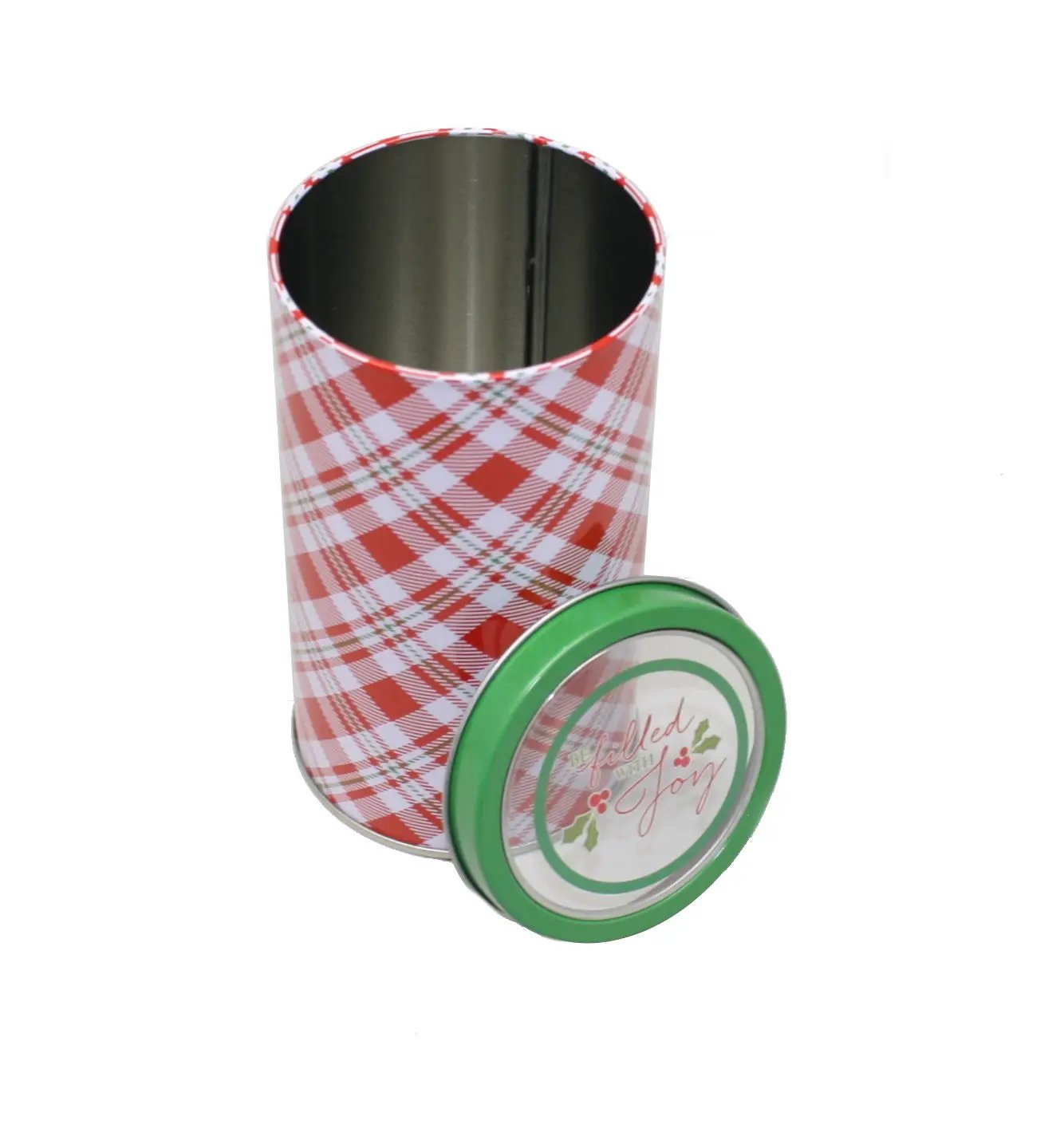 Cookie Tin With Window Lid, red plaid metal cookie jar on Tampa Home & Garden Store