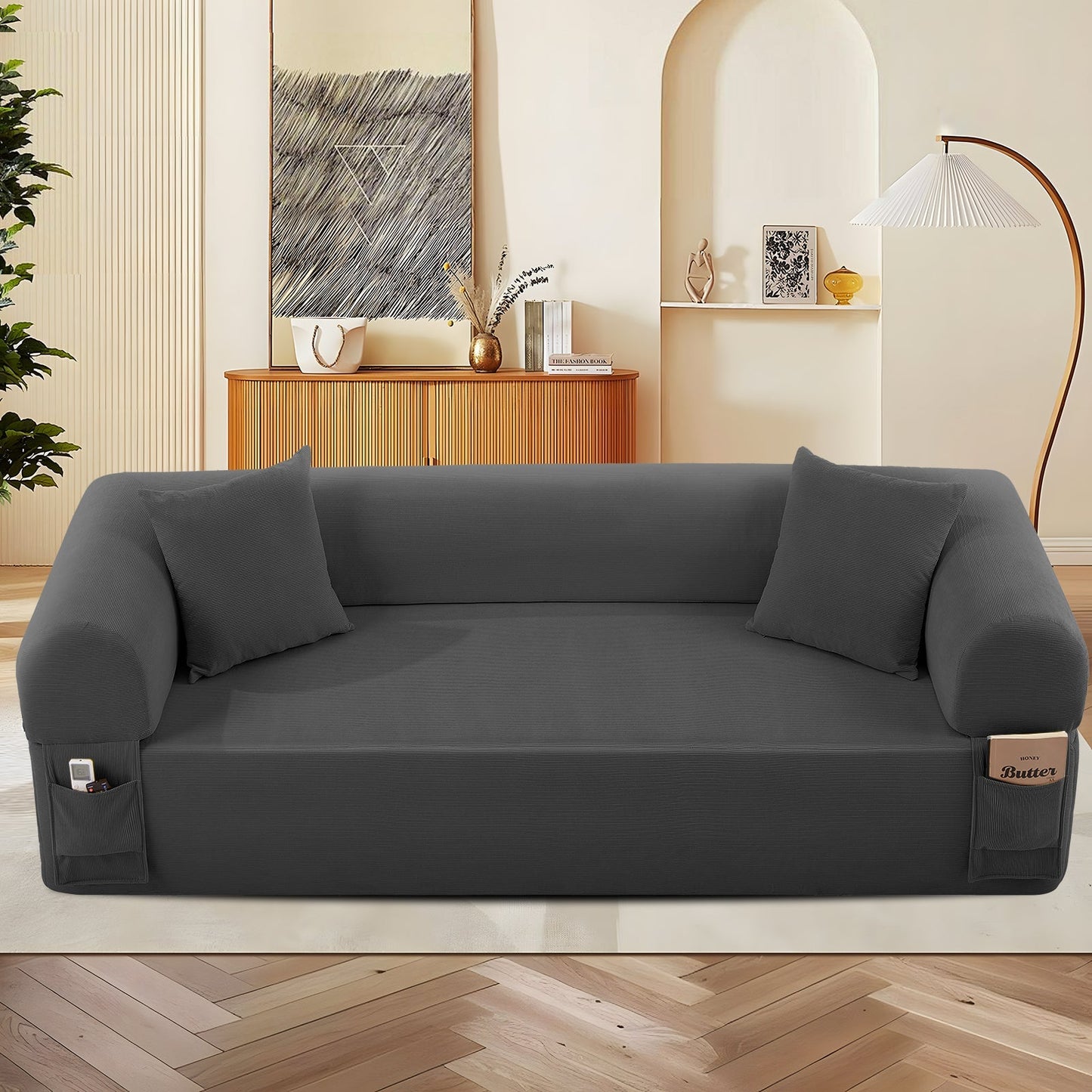 Spring sofa in gray fabric with built-in storage pockets and two cushions HouseOfZazla on Tampa Home & Garden Store